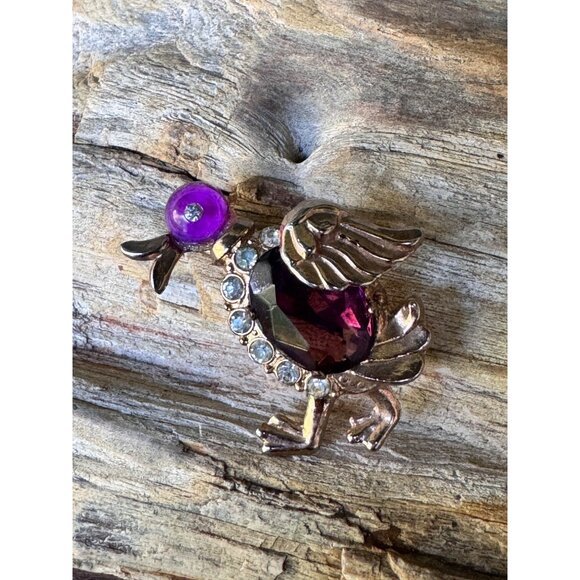Vintage Gold-Tone Bird Brooch With Purple Rhinestones & Clear Accents - Picture 4 of 8